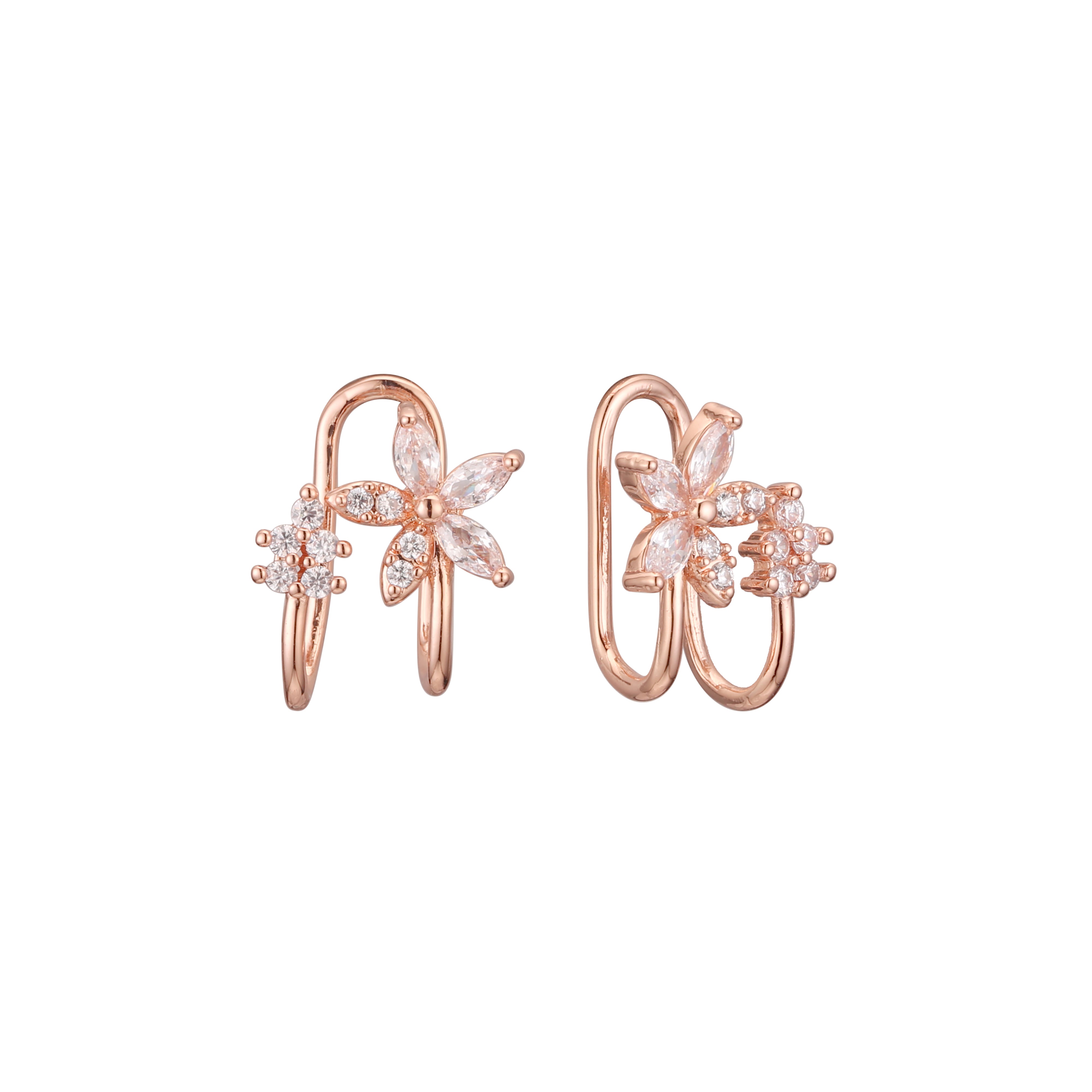 Brincos ear cuff com cachos de flores em ouro 14K, cores banhadas a ouro rosa