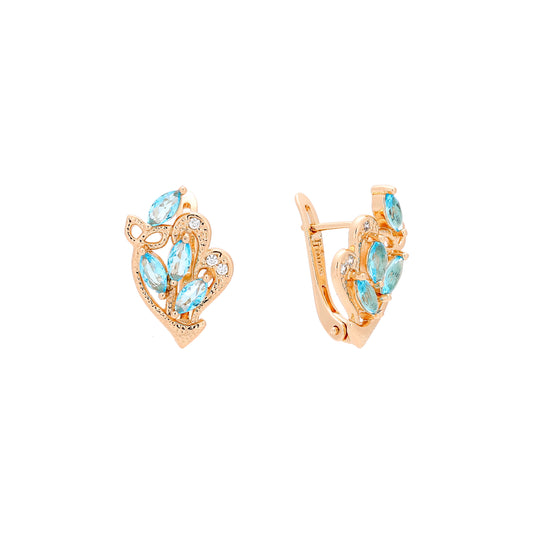 Cluster colorful CZs with leaves Rose Gold earrings