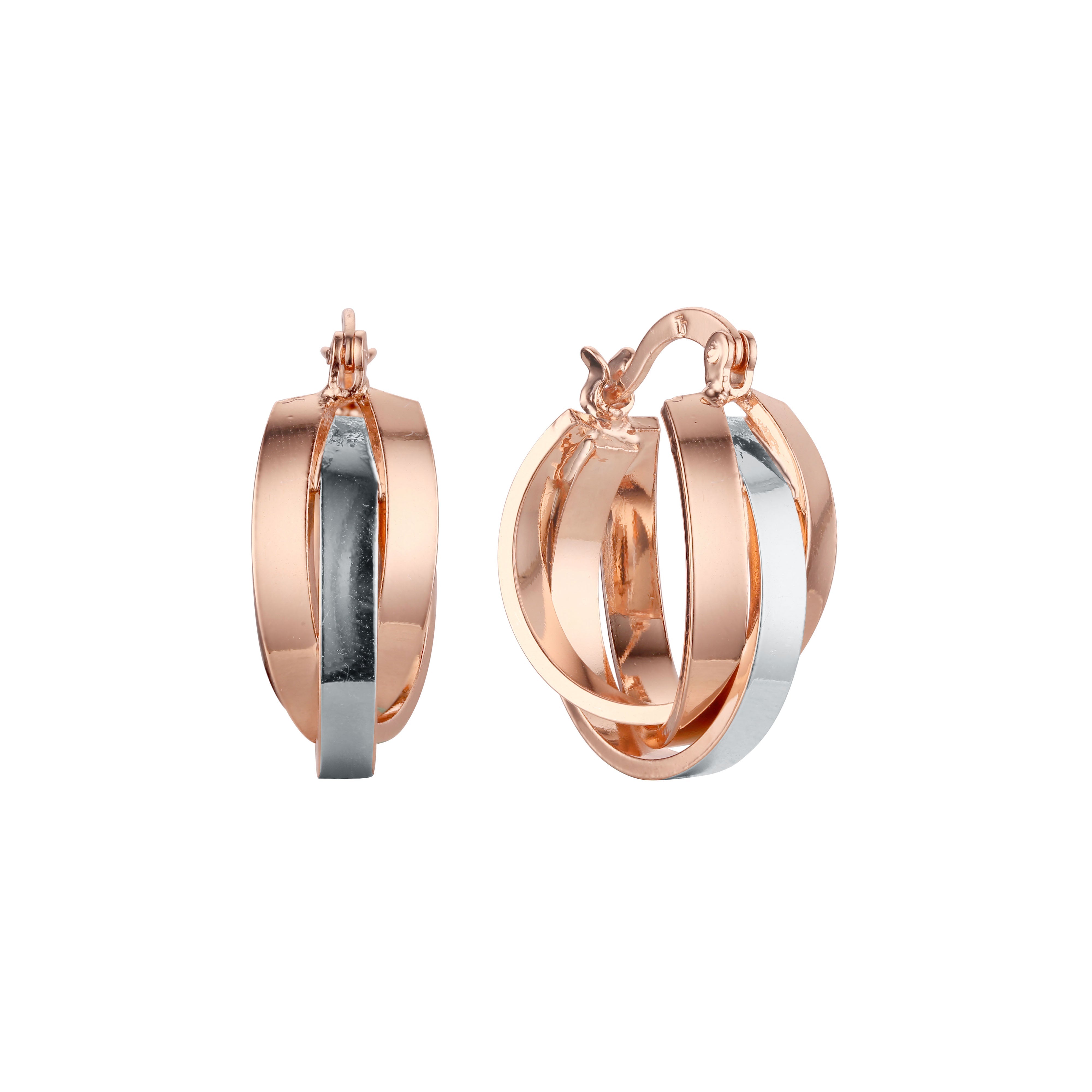 Trinity hoop earrings in 14K Gold, Rose Gold, two tone plating colors