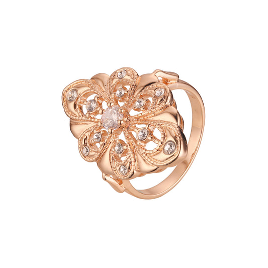 Anillo de c¨®ctel para mujer con zirconia c¨²bica blanca redonda con filigrana de oro rosa