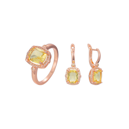 Conjunto de joias de anéis de pedra cortadas em esmeralda Halo banhados em ouro rosa