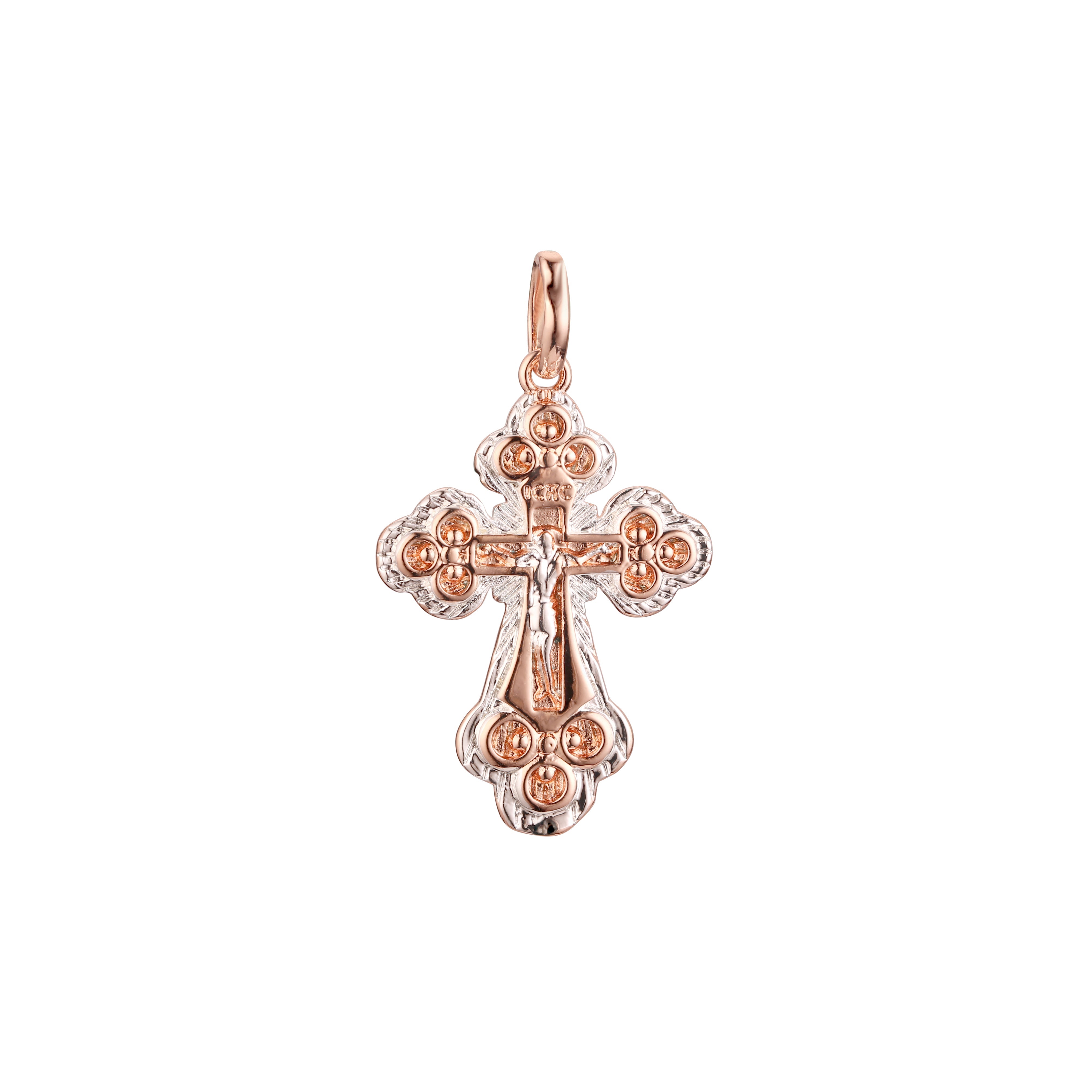 Colgante cruz católica florecida en Oro Rosa bicolor, baño de Oro 14K colores