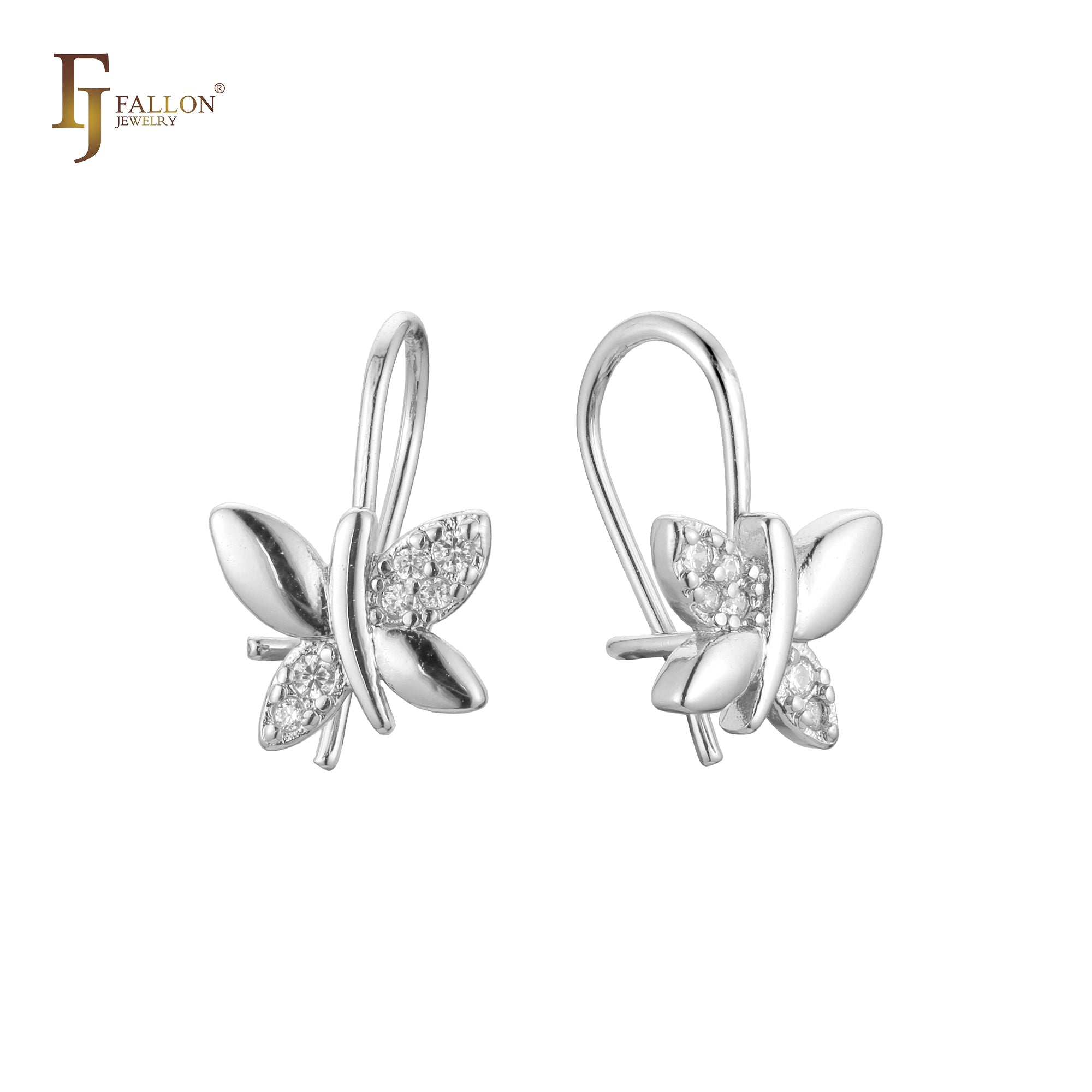 Wire hook butterfly solitaire child earrings in 14K Gold, Rose Gold, two tone plating colors