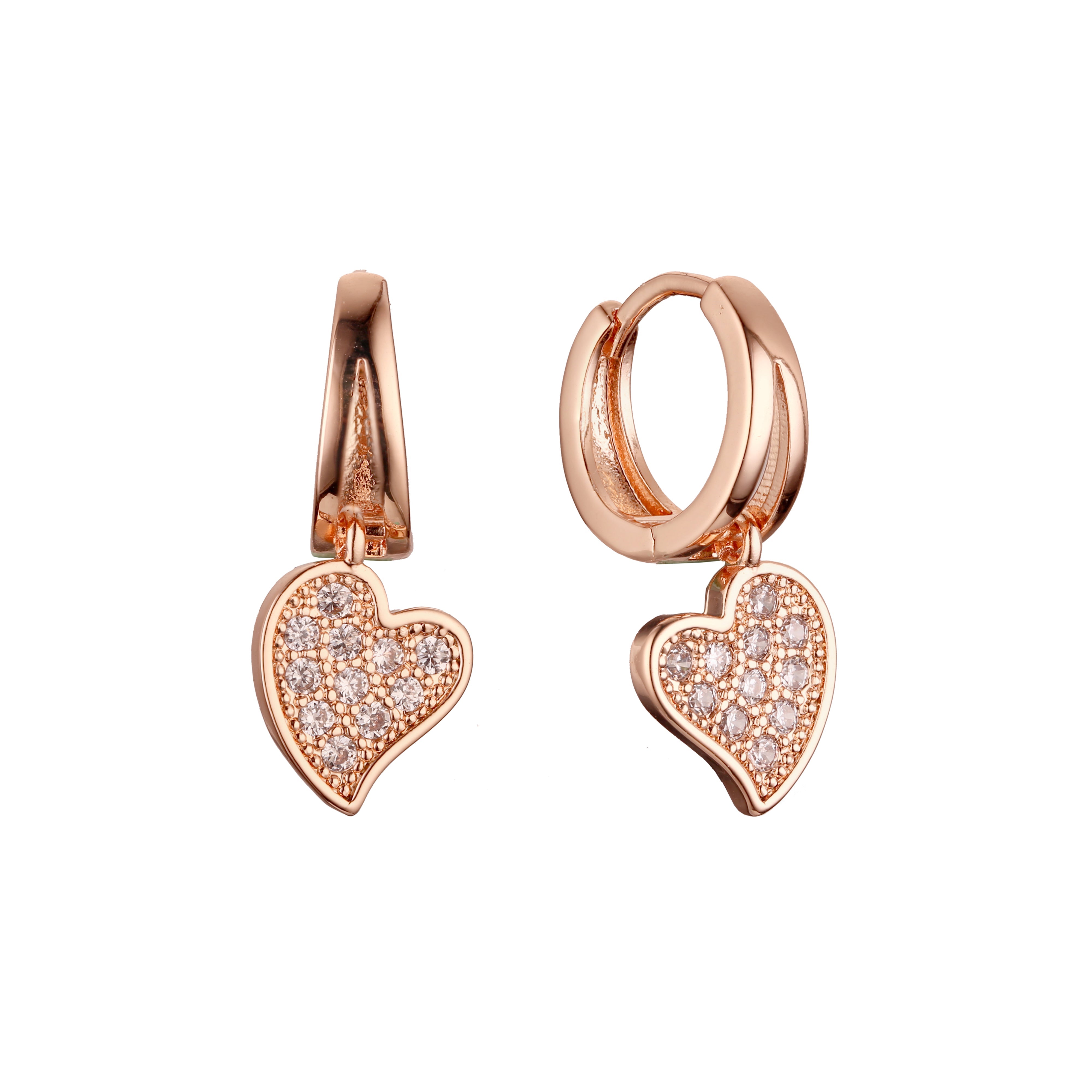 Pendientes huggie de corazón en Oro 14K, colores baño de oro rosa.