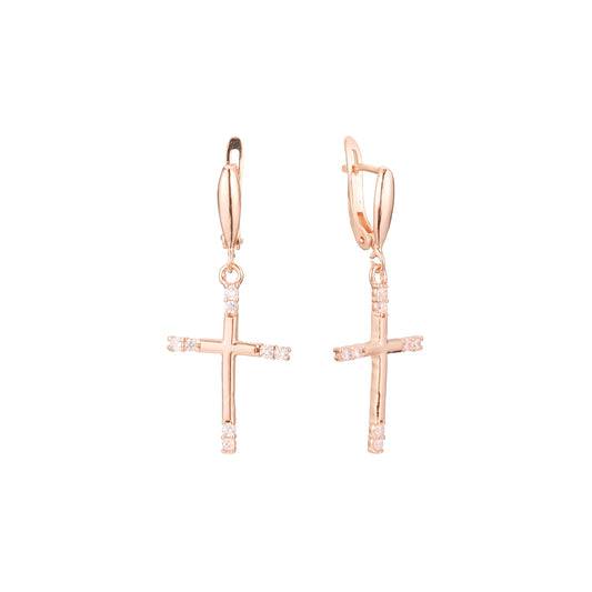 Pendientes de cruz de racimo en Oro 14K, colores baño de oro rosa.