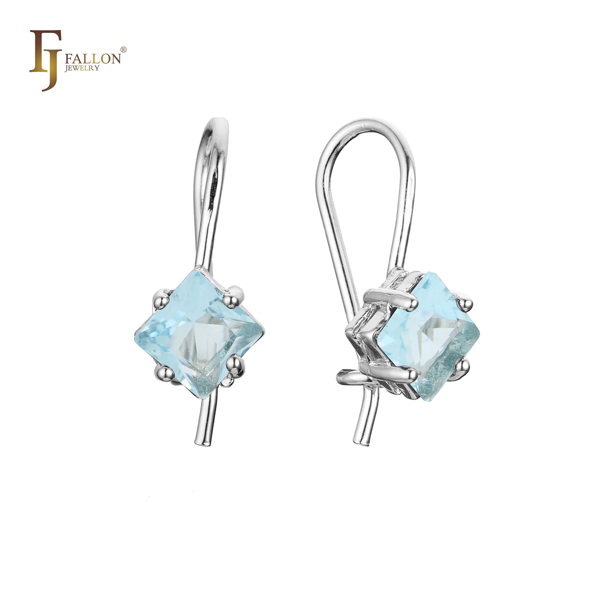 Solitaire squared CZ wire hook earrings in 14K Gold, Rose Gold, plating colors