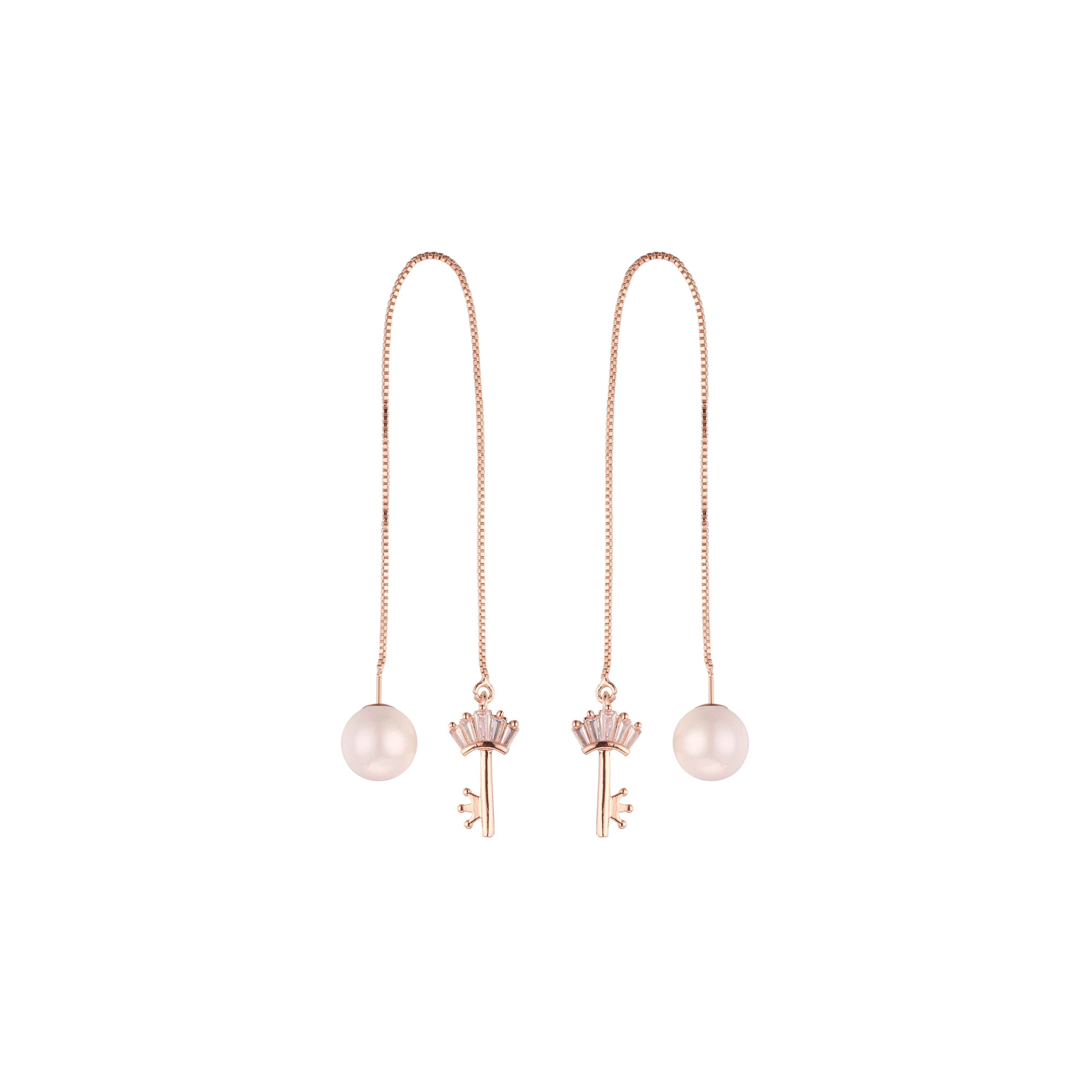 Rose Gold threader pearl earrings with key