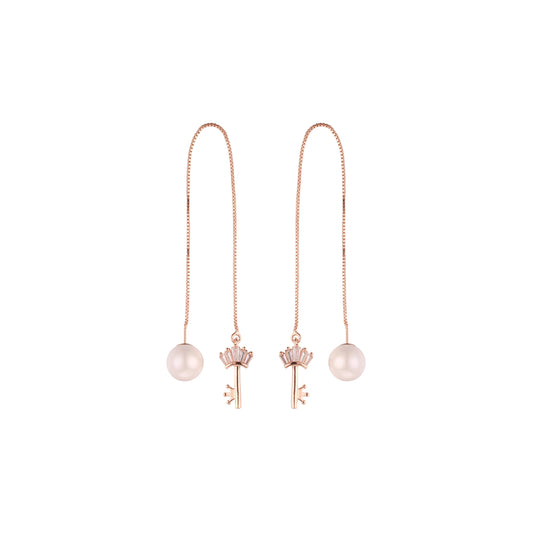 Rose Gold threader pearl earrings with key