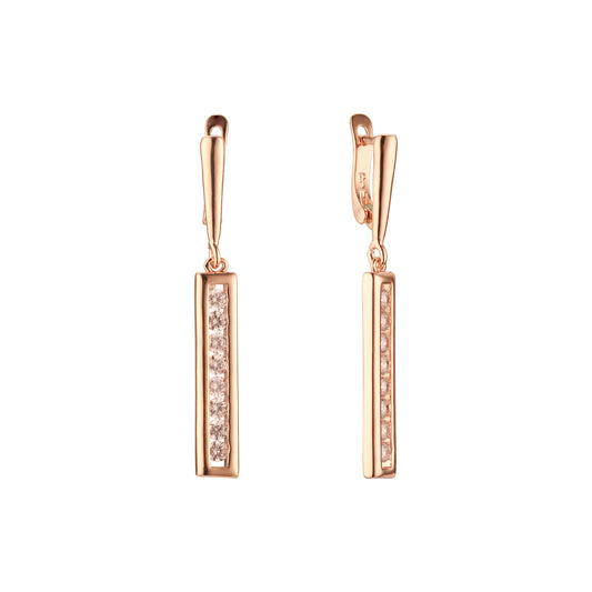 Aretes rectangulares de oro rosa con gota de CZ blanca