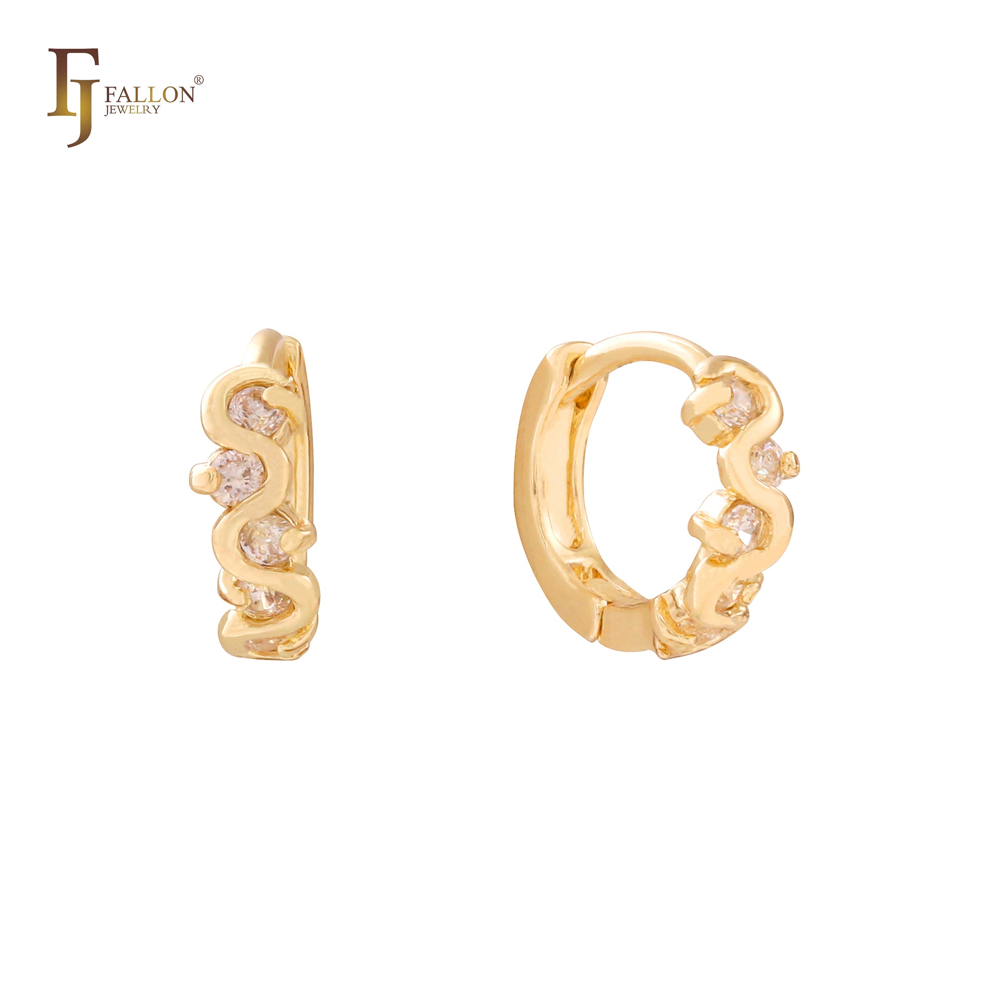 Twisted white CZs cluster 14K, 18K Gold Huggie earrings