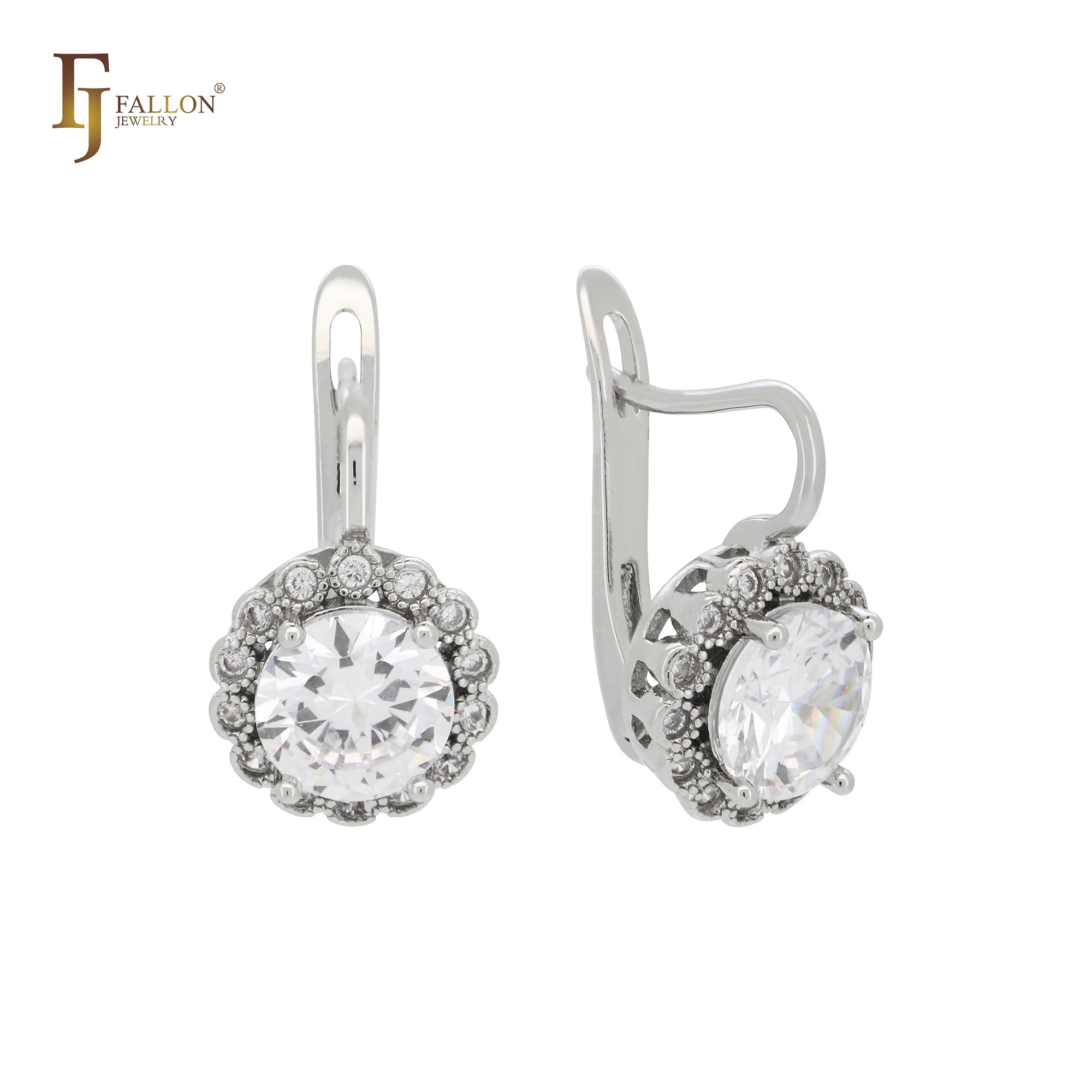 Solitaire halo white CZs White Gold earrings