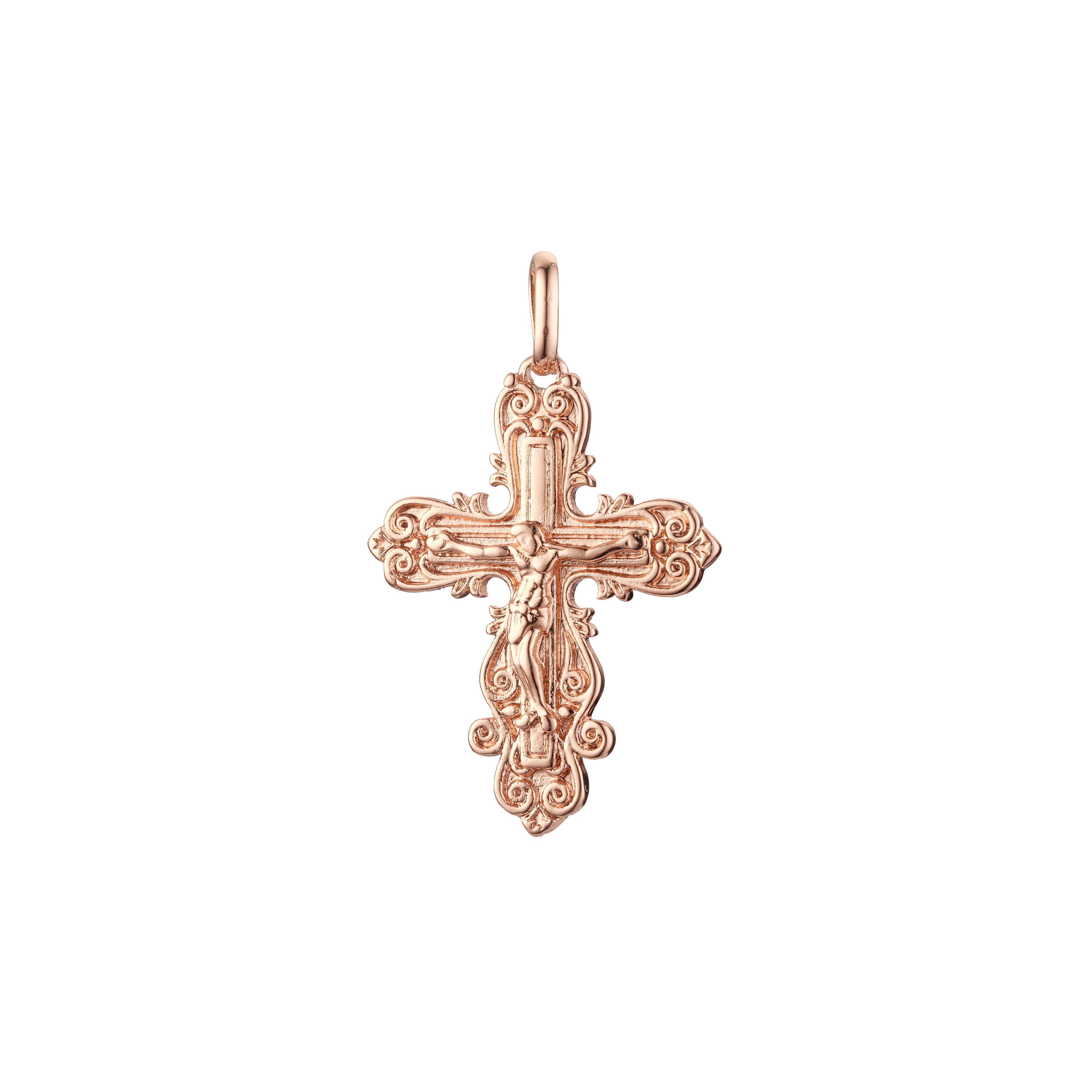 Colgante cruz católica florecida en Oro Rosa bicolor, baño de Oro 14K colores