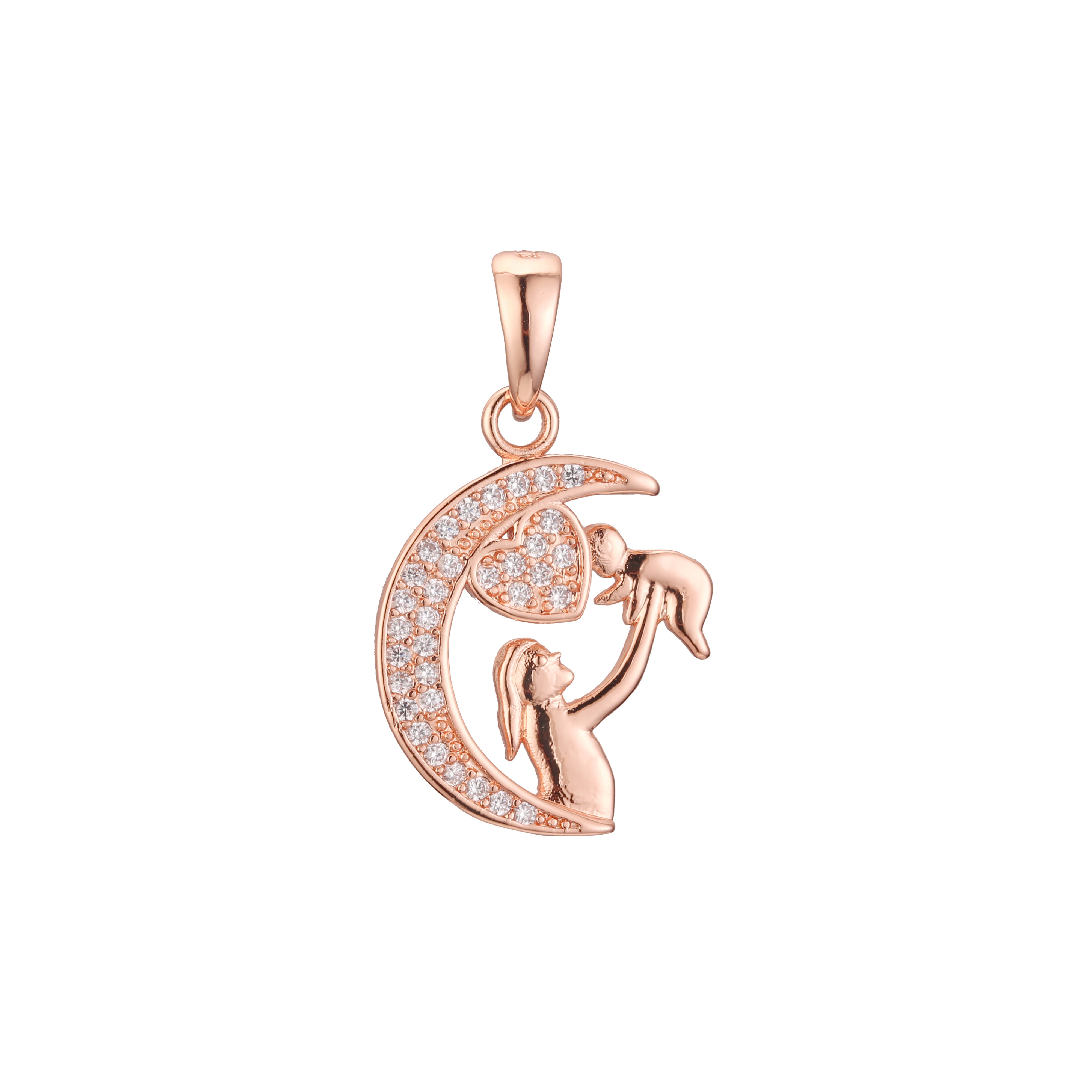 Mom holding kid in a moon with heart pendant in Rose Gold two tone, 14K Gold plating colors