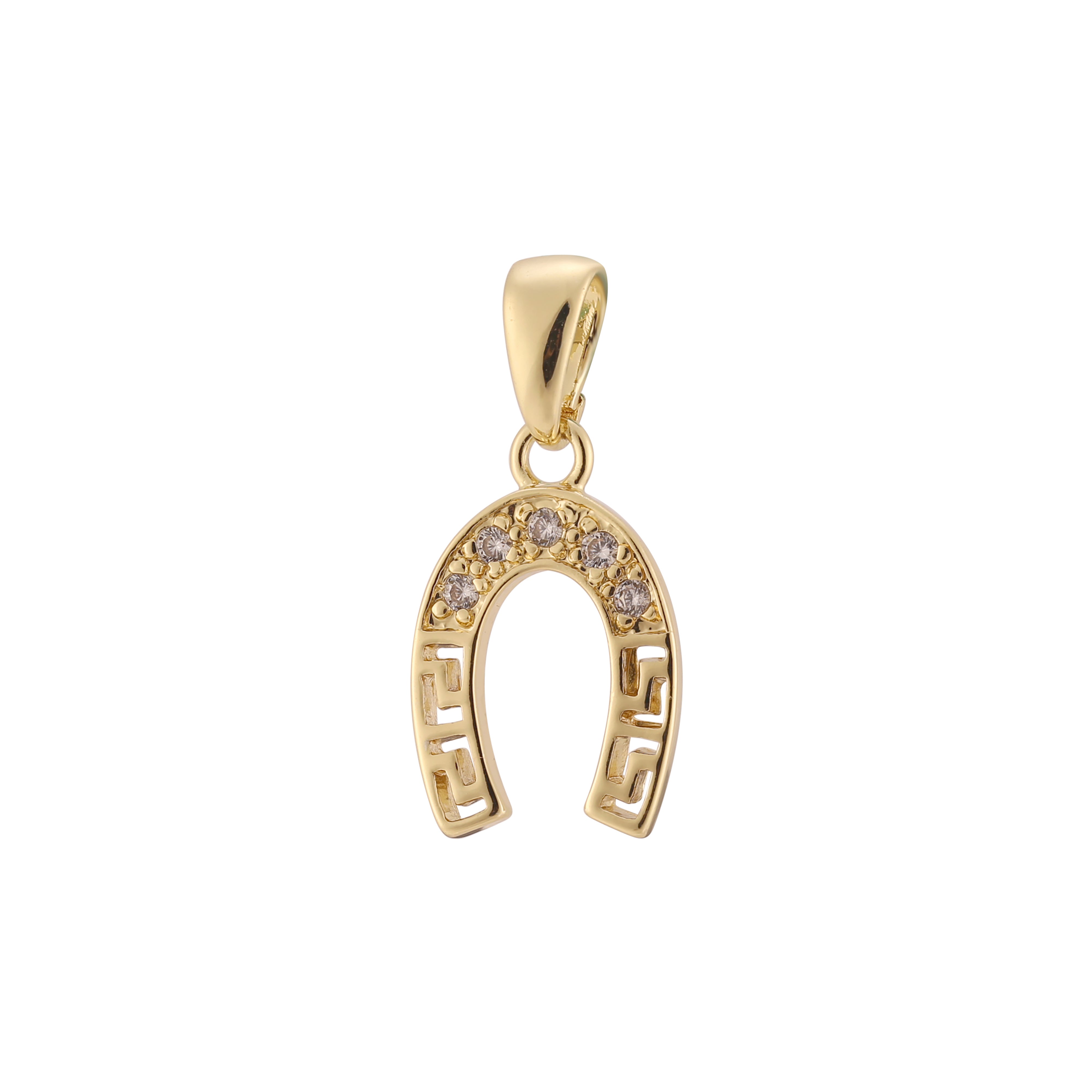 Greek key horseshoe pendant in 14K Gold, Rose Gold, White Gold plating colors