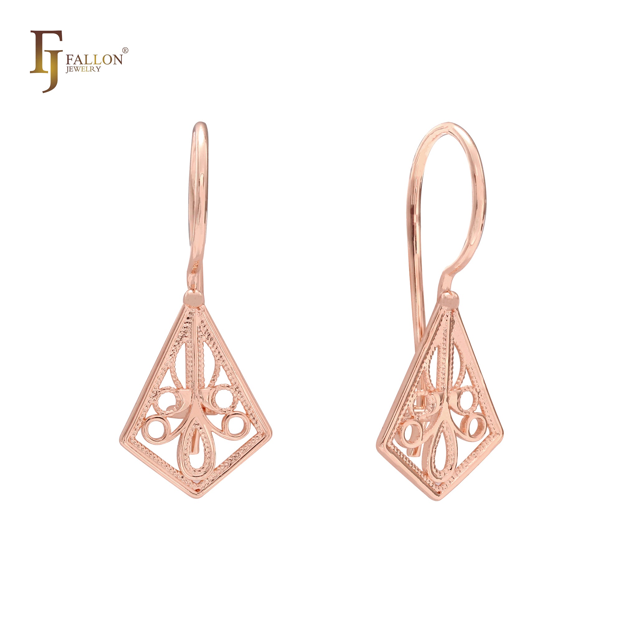 Filigree Rhombus 14K Gold, Rose Gold, White Gold Wire Hook Earrings