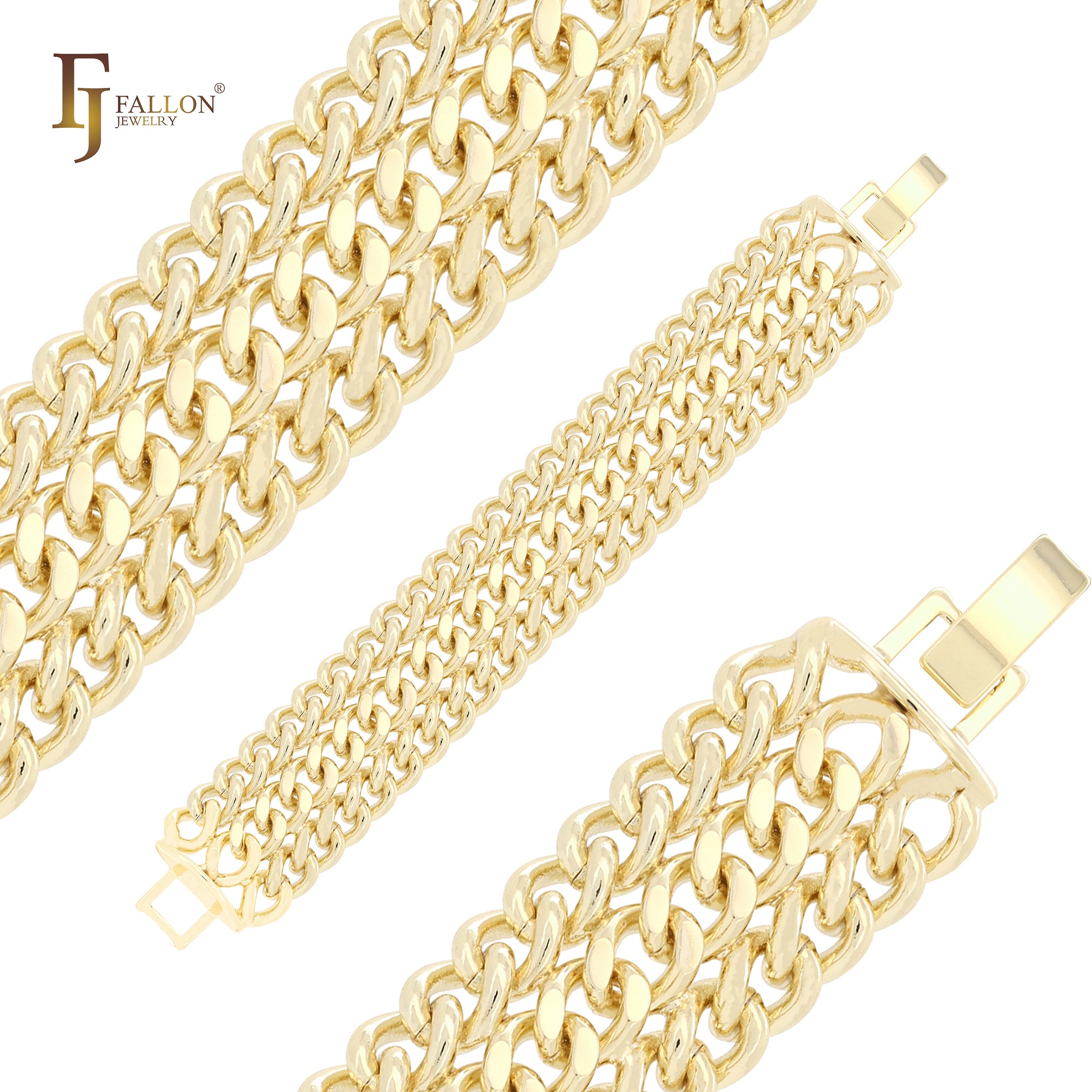 Triple cuban link curved wide 14K Gold bracelets