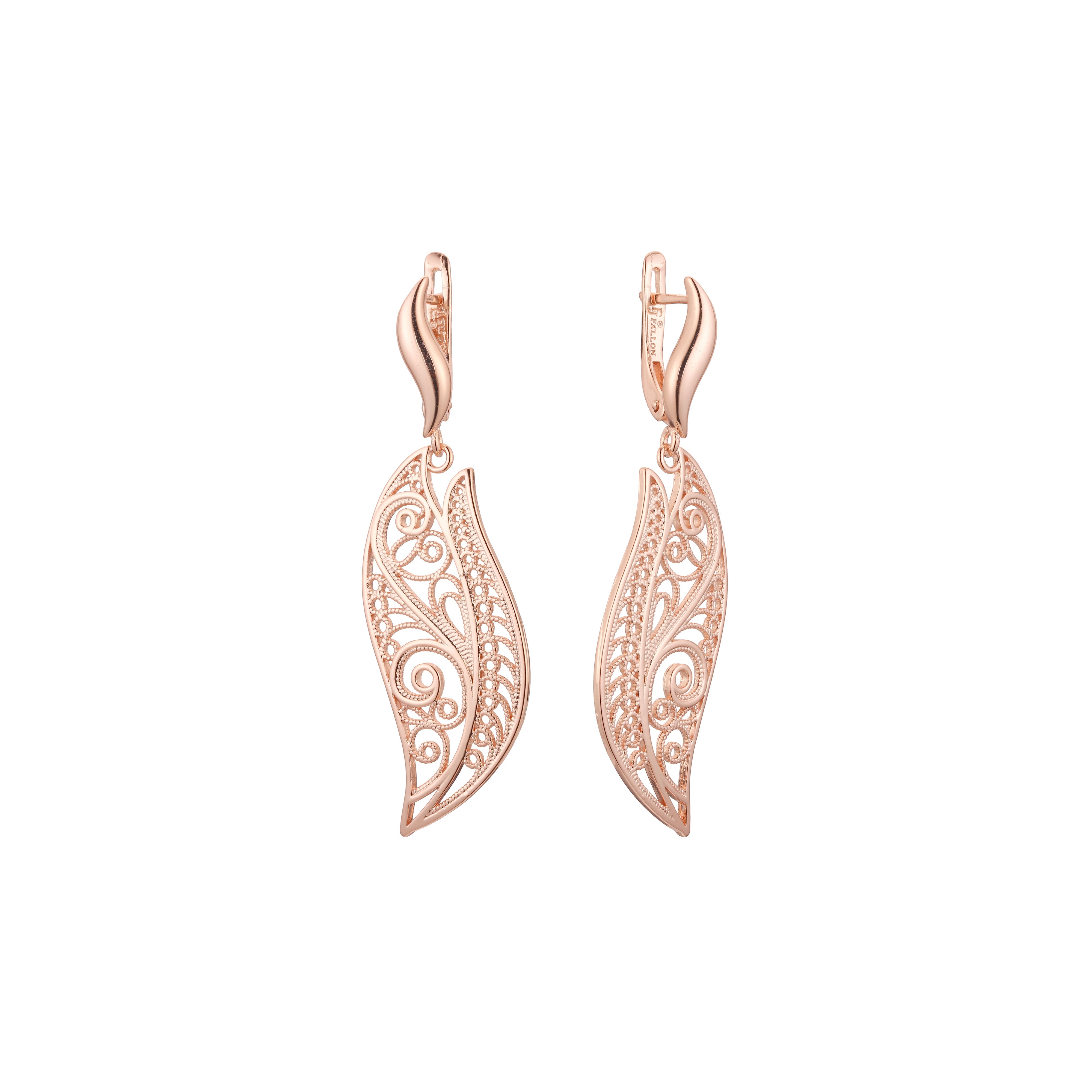 Aretes de hojas y ondas en Oro de 14K, baño de Oro Rosa colores