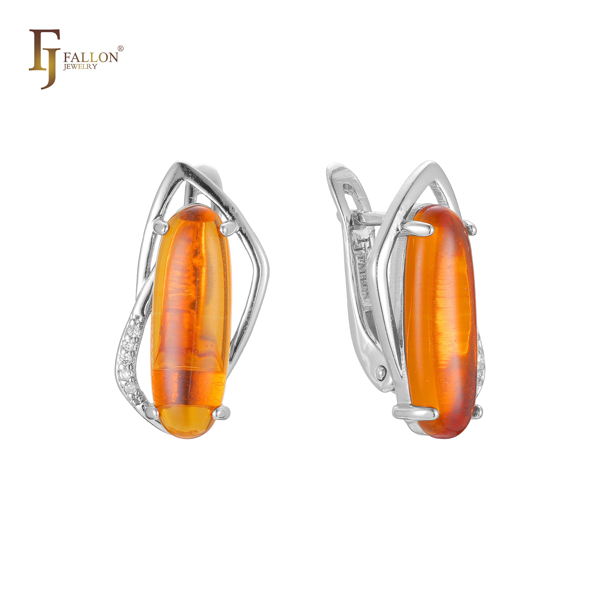 Solitaire big orange stone earrings in 14K Gold, Rose Gold, two tone plating colors