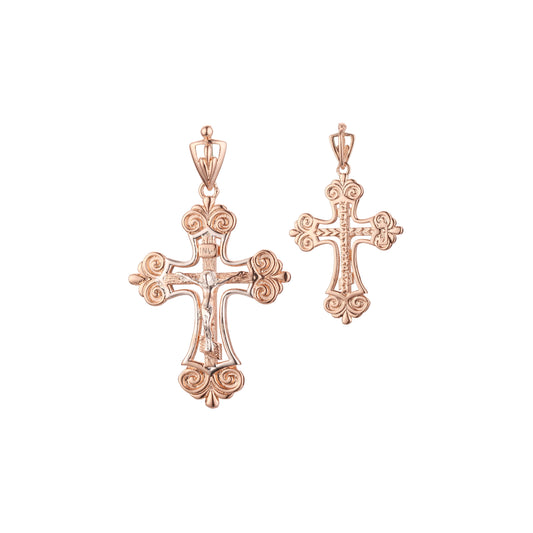 Orthodox cross budded pendant in Rose Gold two tone, 14K Gold plating colors