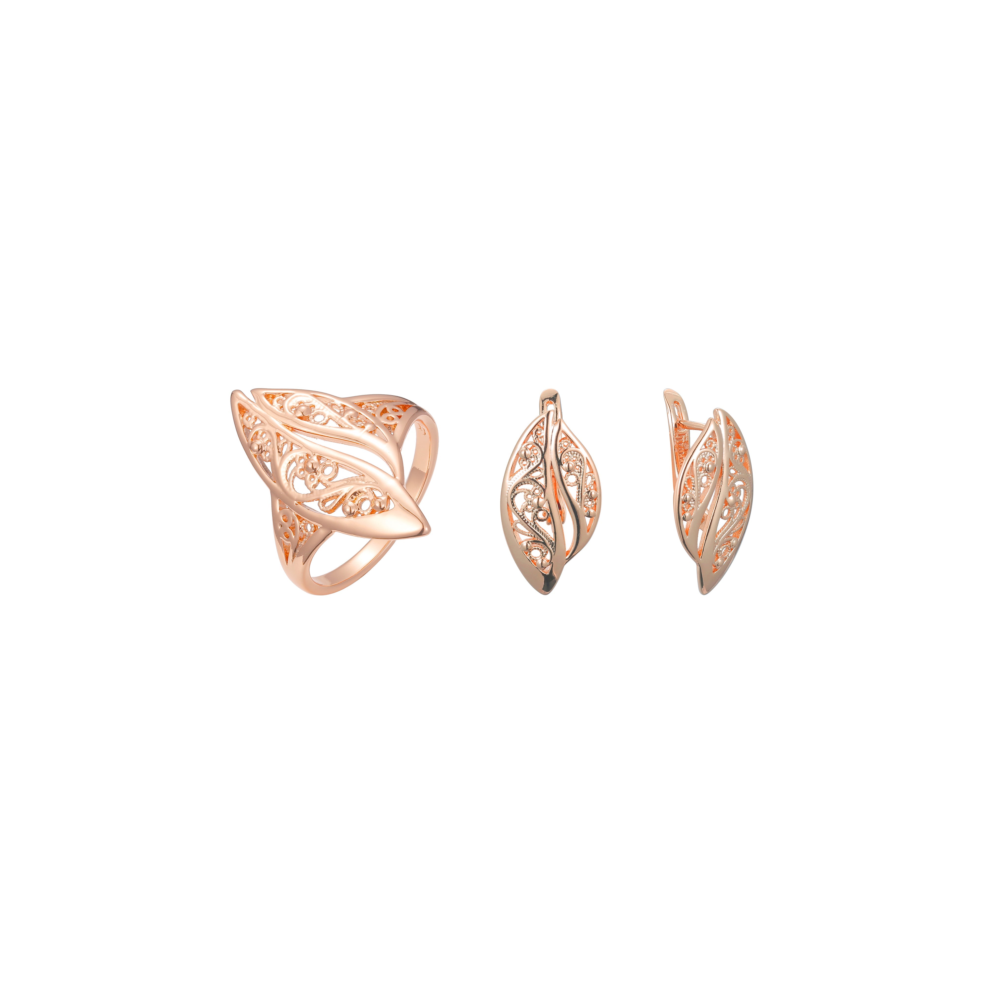 Renaissance filigree swirl leaves rings jewelry set plated in Rose Gold