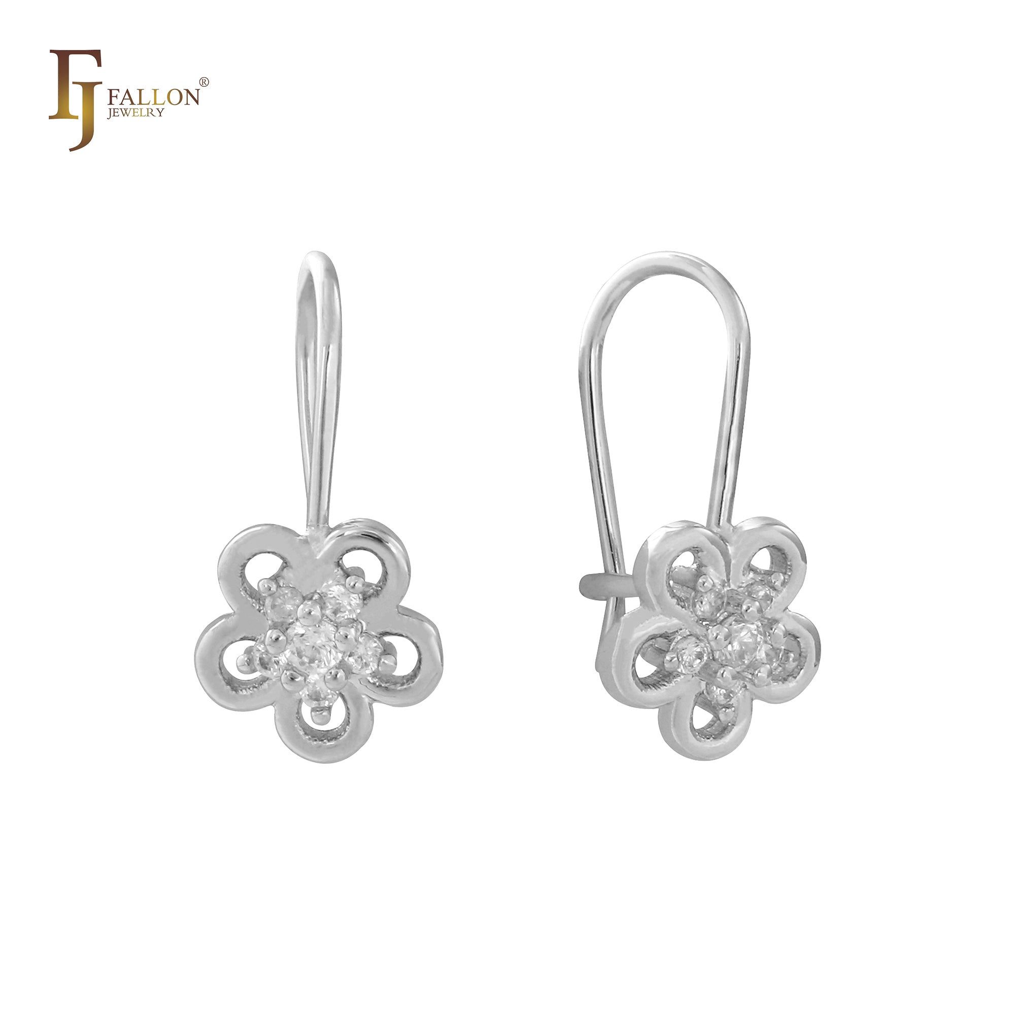 Flower cluster white CZs wire hook 14K Gold, White Gold  Child earrings