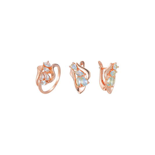 Conjunto de joias fashion cluster lake blue rings banhado em ouro rosa