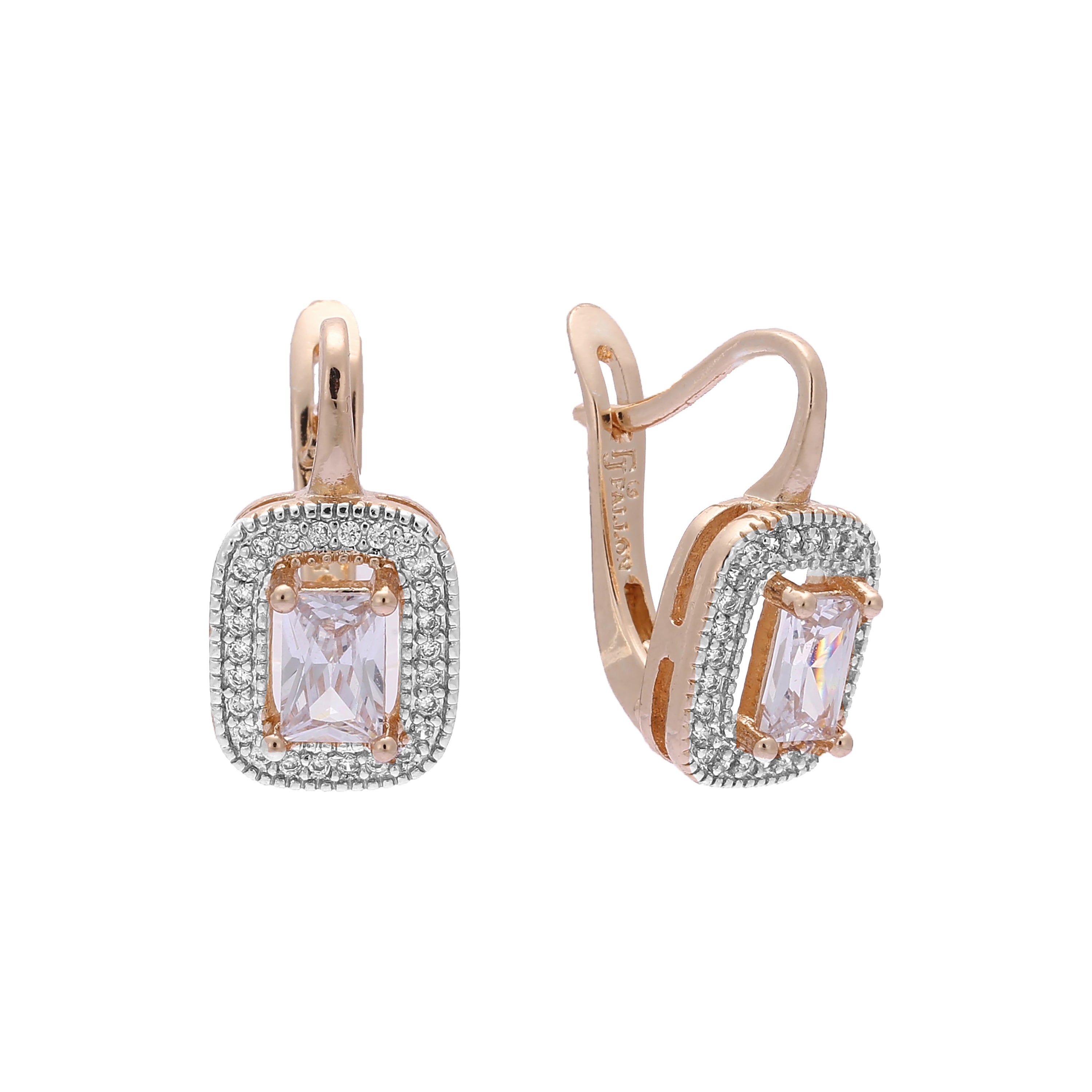 Aretes de oro rosa con halo de piedra talla esmeralda