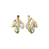 Three leaves cluster colorful CZ earrings in 14K Gold, Rose Gold, two tone plating colors