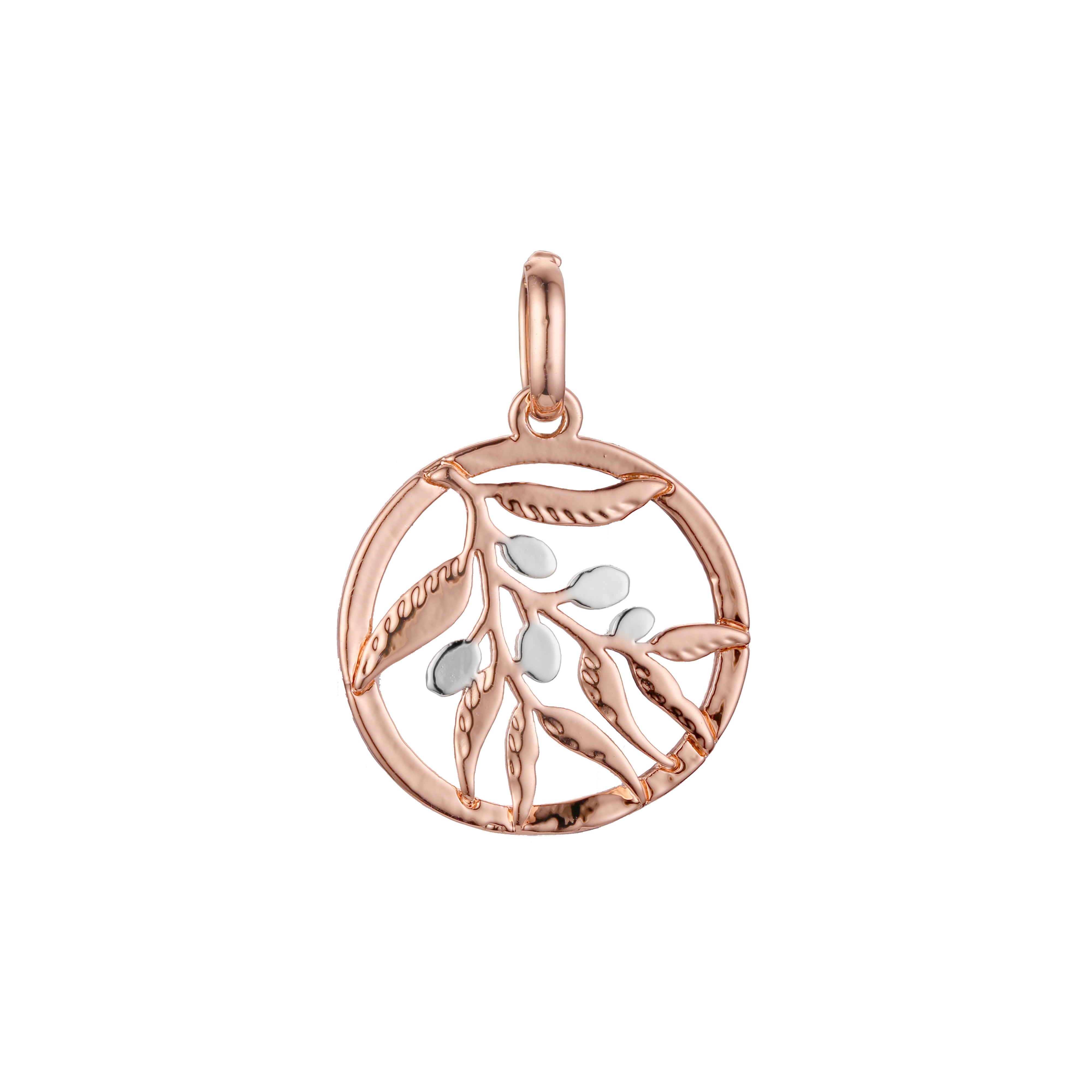 Pingente de folhas e frutas circulares em ouro rosa de dois tons, cores banhadas a ouro 14K