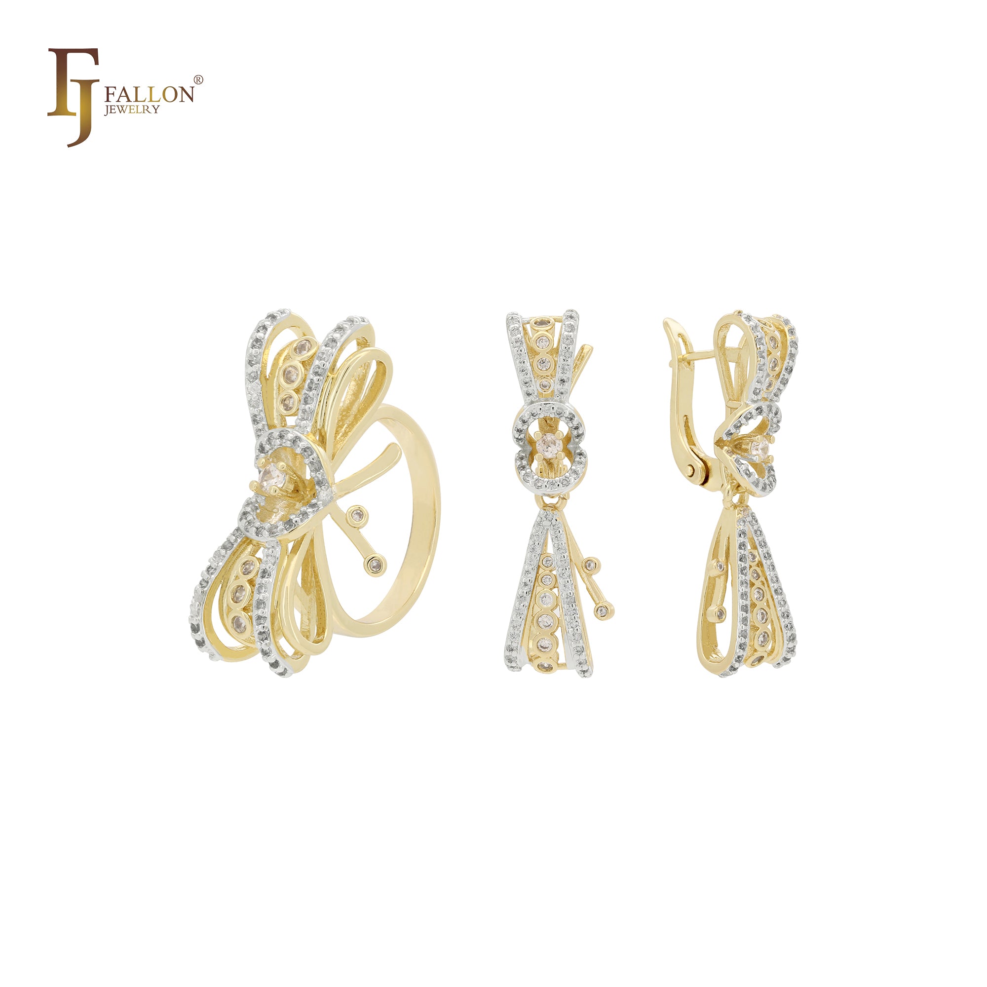 Twisted ribbon cluster white CZs 14K Gold two tone Jewelry Set with Rings