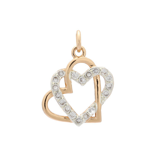 Double heart paved white cz Rose Gold two tone pendant