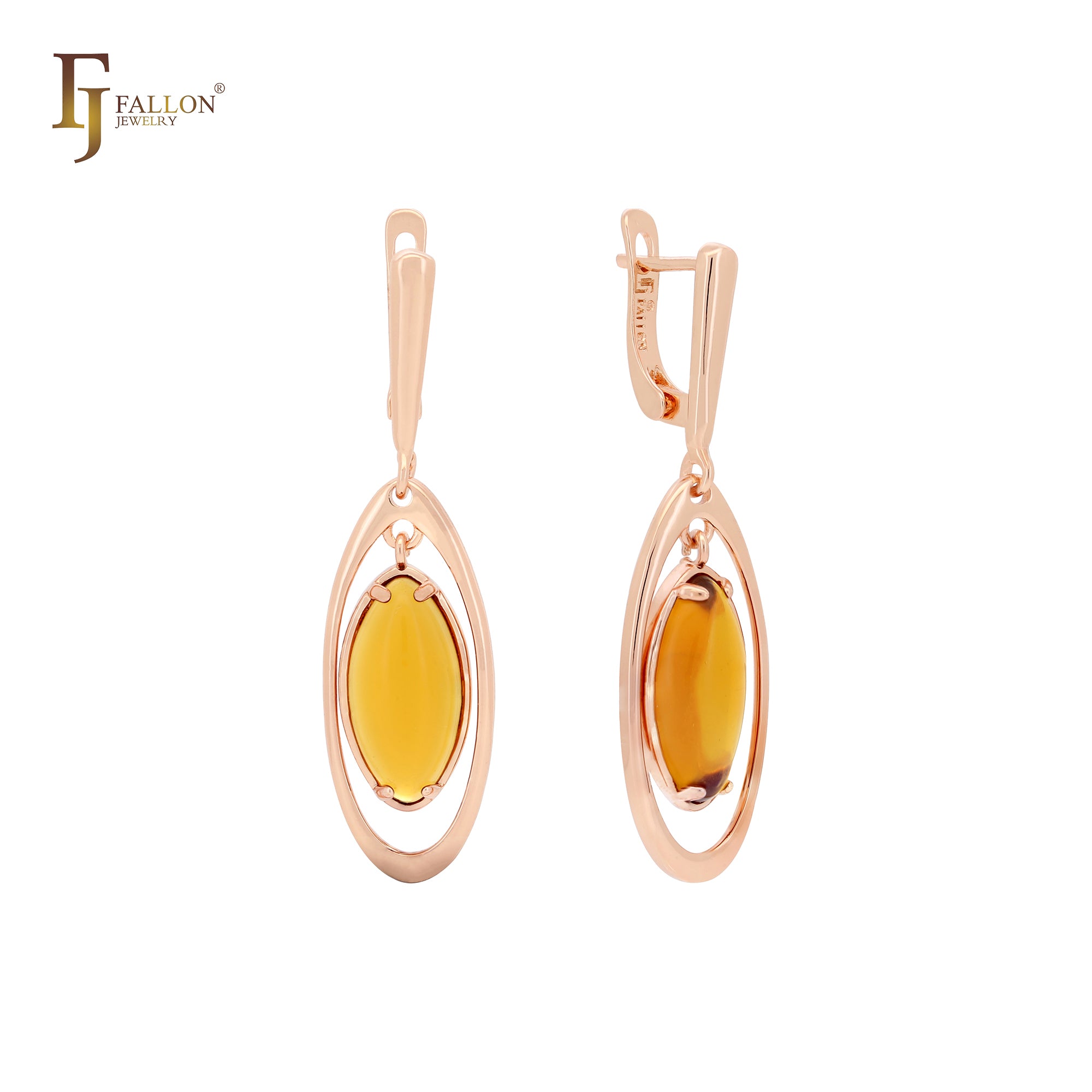 Oval Shape Amber drop 14K Gold, Rose Gold Earrings