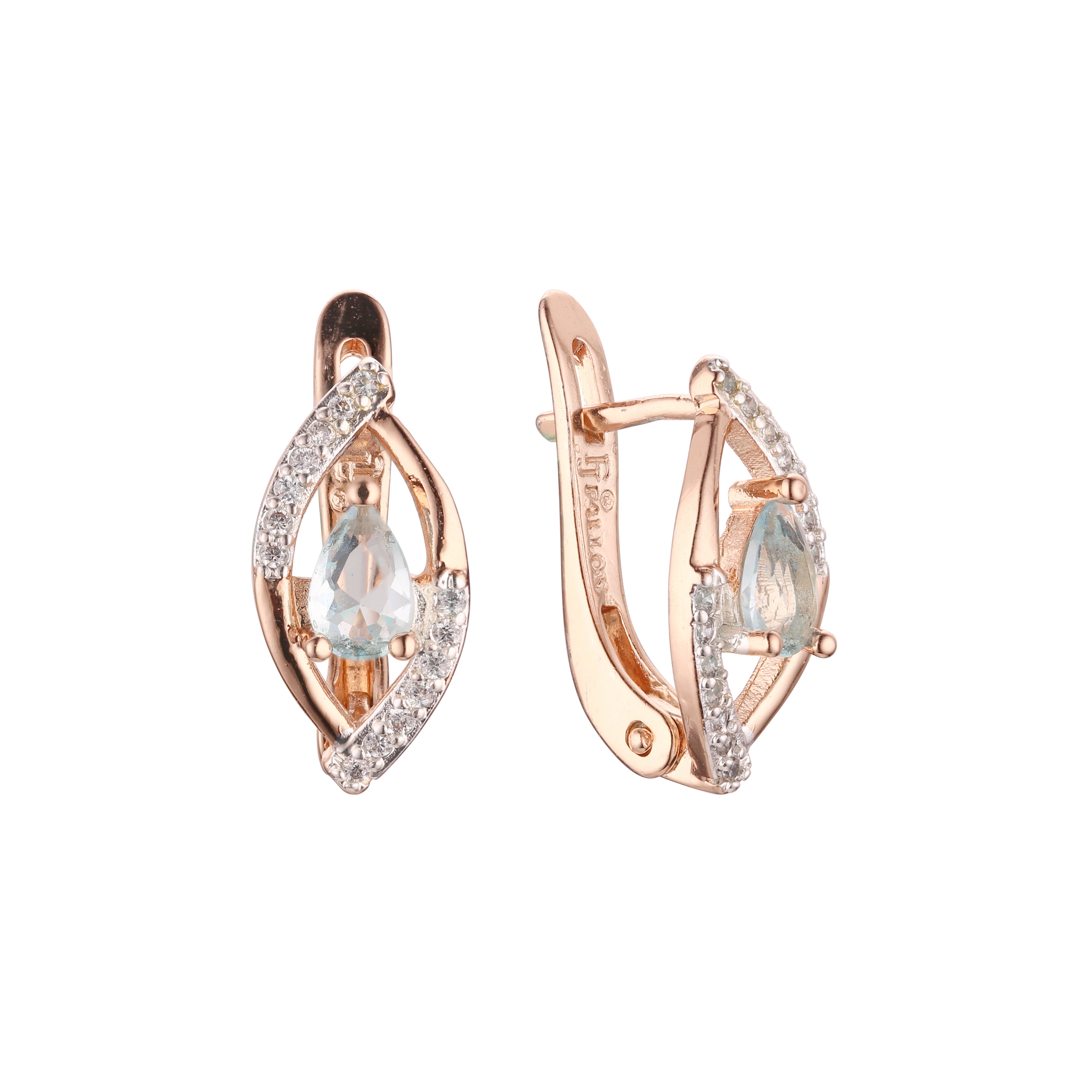 Rose Gold two tone earrings with Lake Blue stone