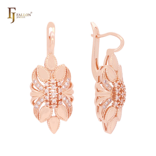 Six leaves cluster white CZs Rose Gold earrings