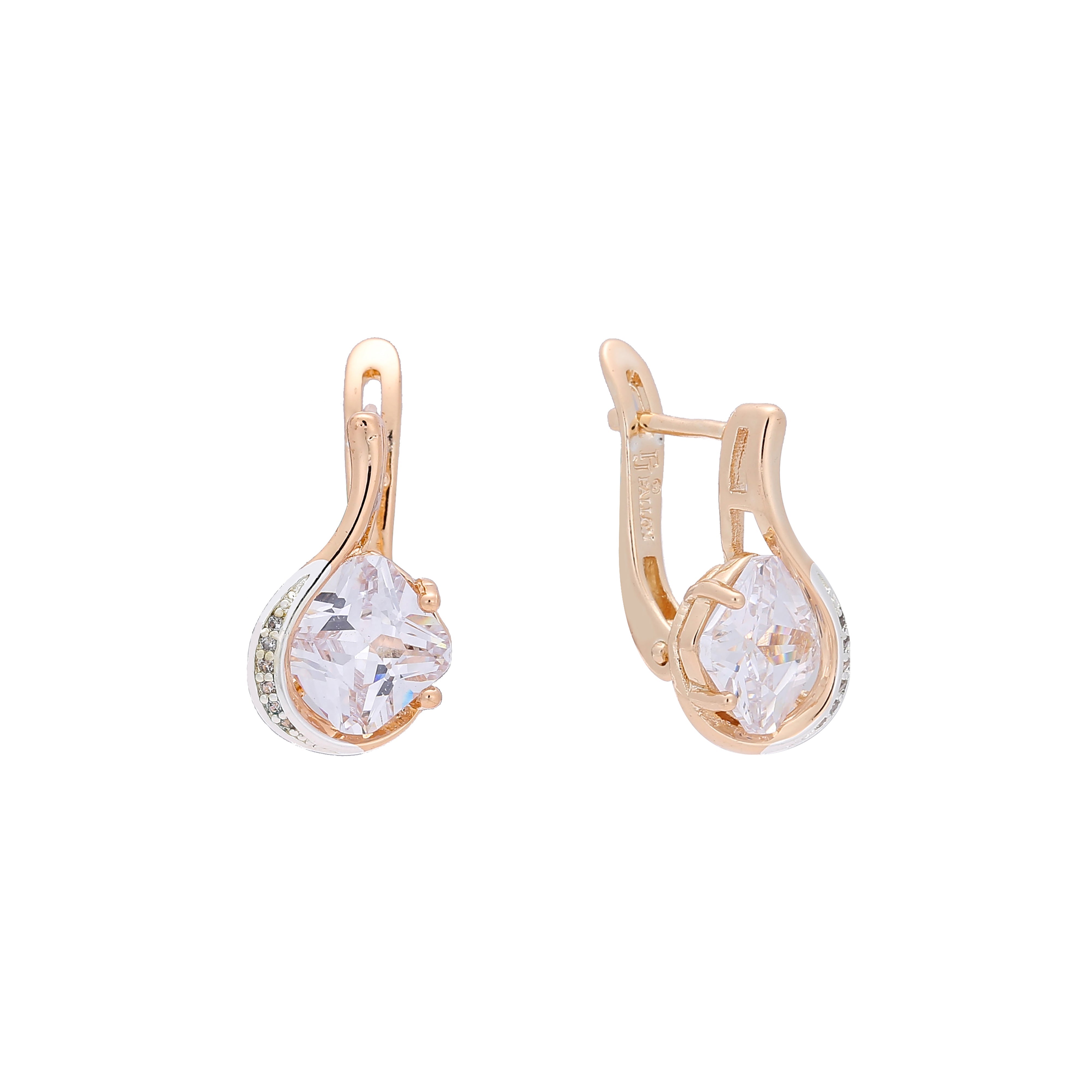 Solitaire rhombus 14K Gold, Rose Gold, two tone earrings