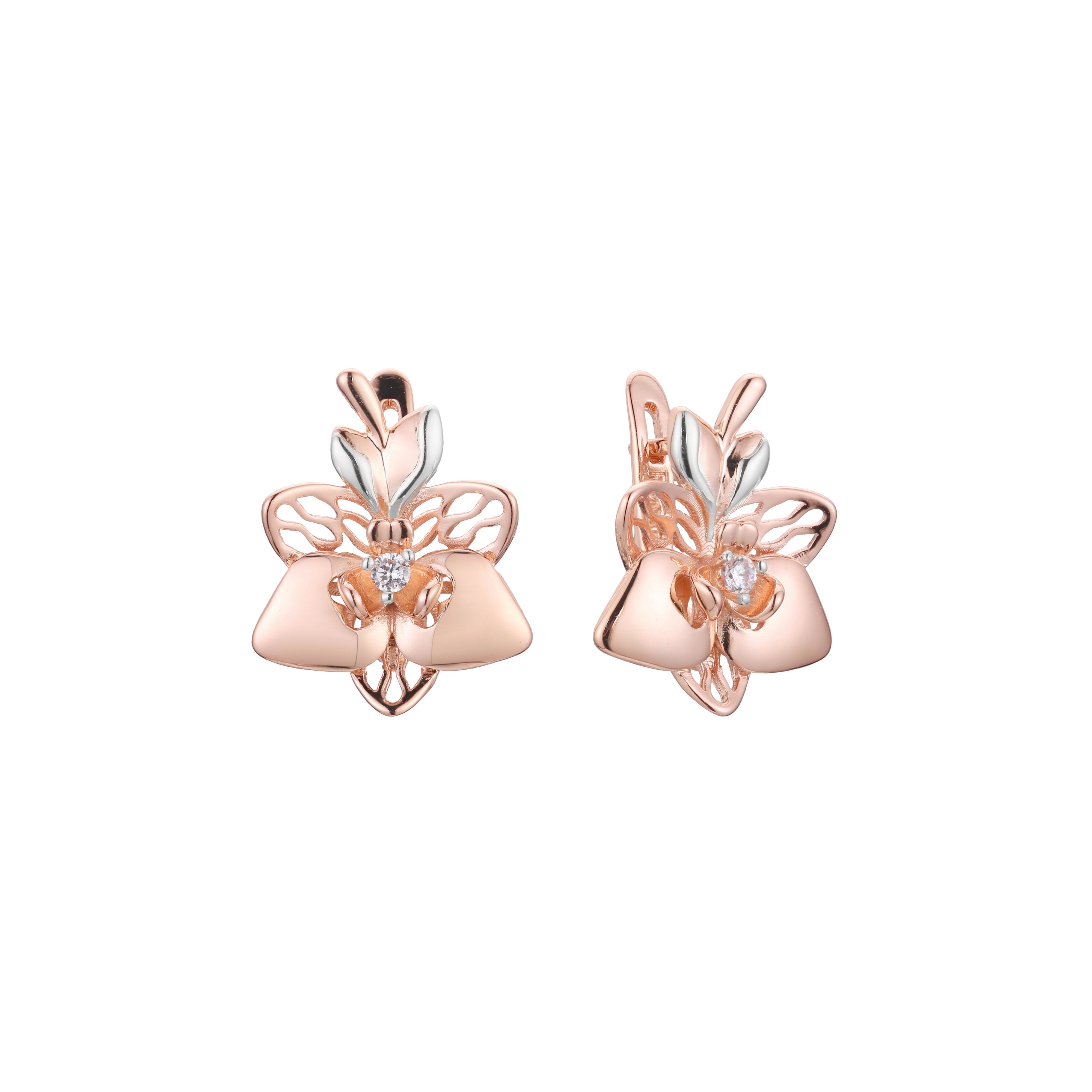 Life solitaire leave earrings in 14K Gold, Rose Gold, two tone plating colors