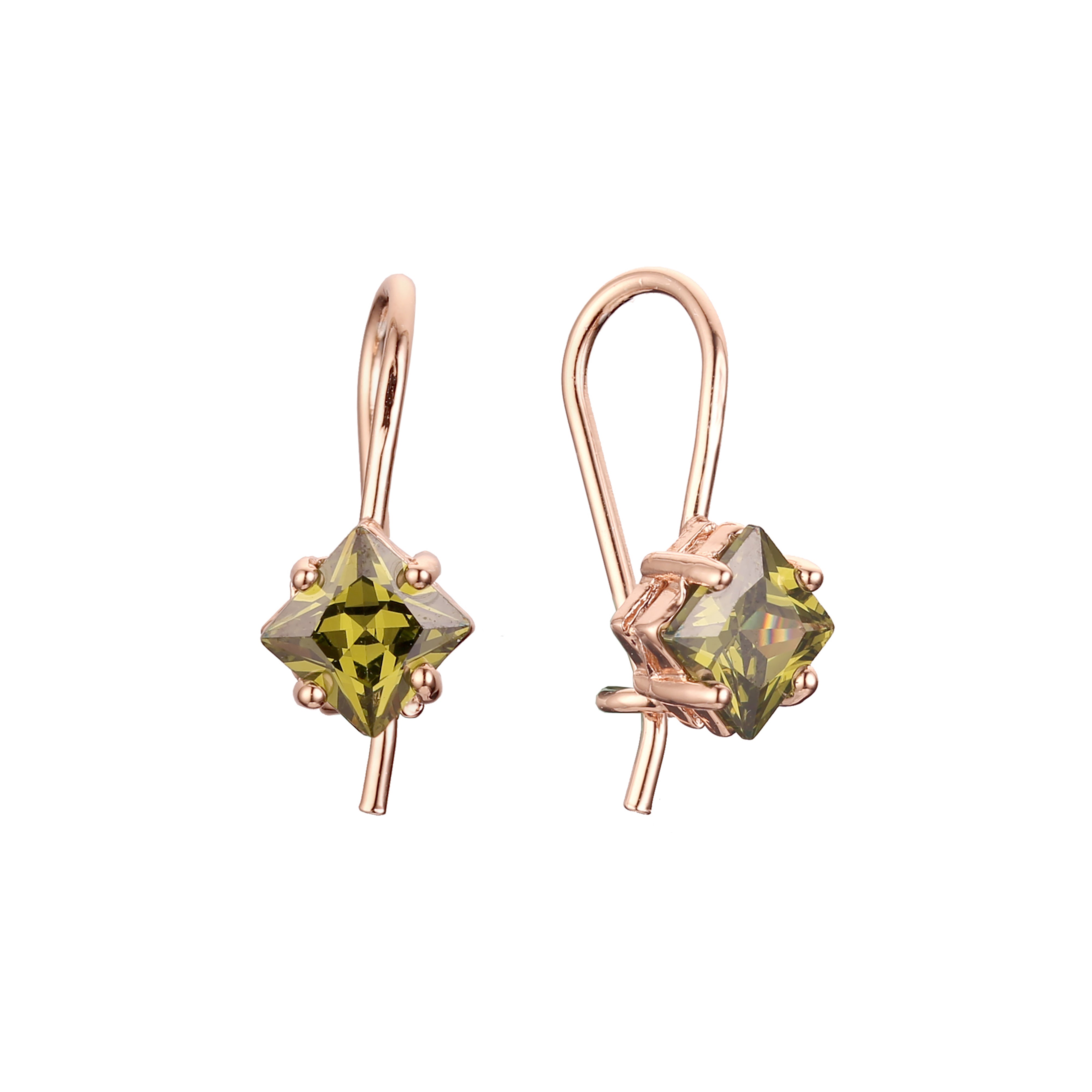 Solitaire squared CZ wire hook earrings in 14K Gold, Rose Gold, plating colors