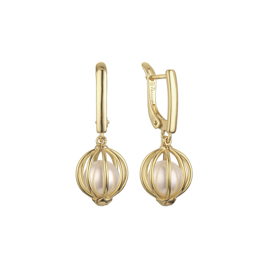 Aretes de perlas en una jaula en colores de baño de Oro 14K, oro de 18 quilates y oro rosa