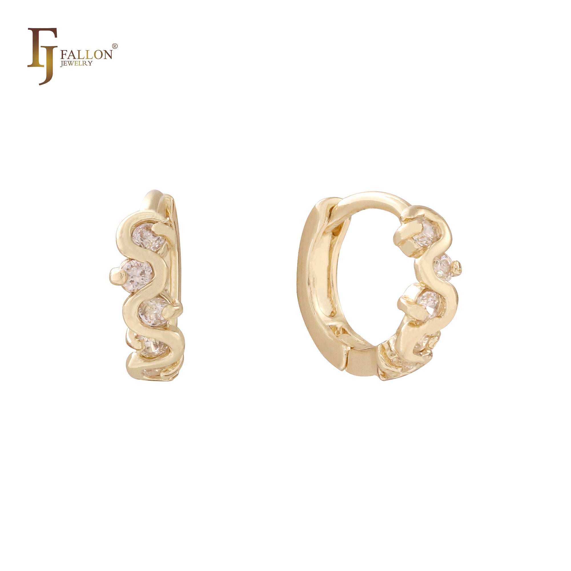 Twisted white CZs cluster 14K, 18K Gold Huggie earrings