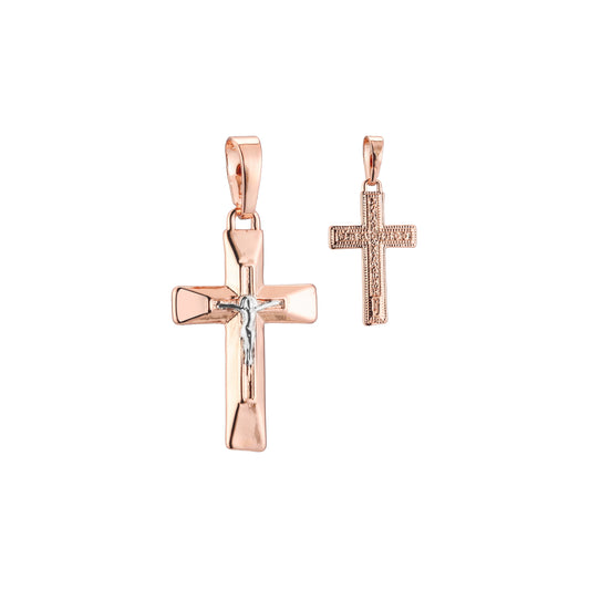 Colgante cruz católica latina en Oro Rosa bicolor, baño de Oro 14K colores