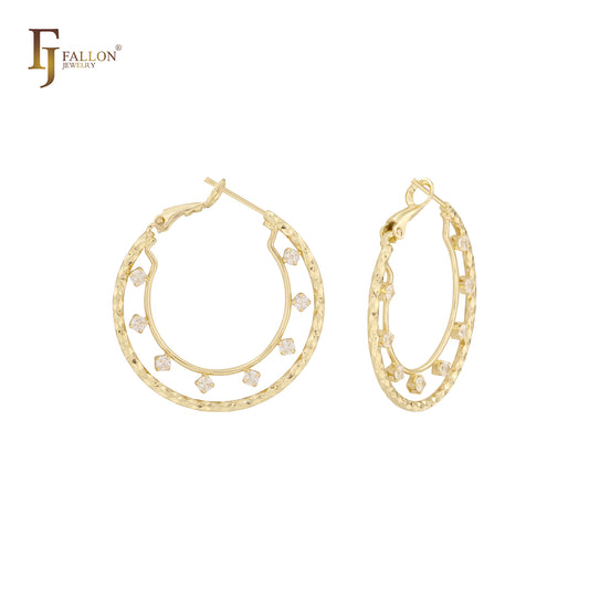 Cluster White CZs dotted 14K Gold textured Hoop earrings