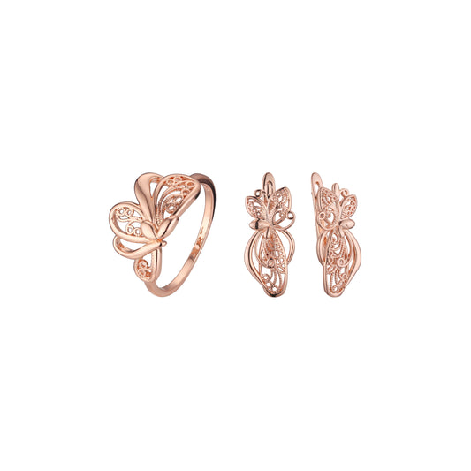 Conjunto de joias de anéis de borboleta de filigrana de ouro rosa renascentista