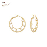 Cluster White CZs dotted 14K Gold textured Hoop earrings