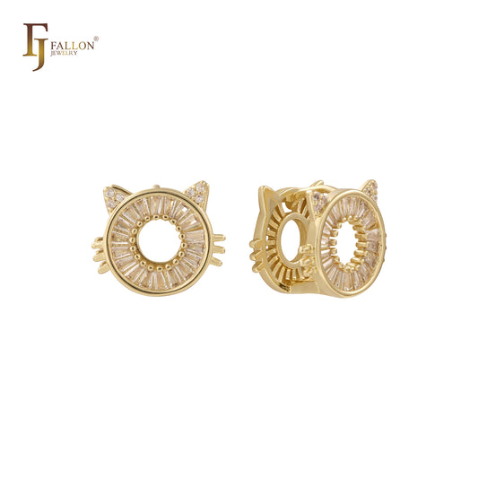 Cat circle halo paved white baguette CZs 14K Gold, White Gold, Rose Gold huggie earrings