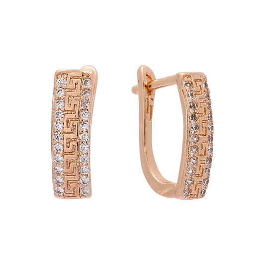 Greek key paved white cz Rose Gold earrings