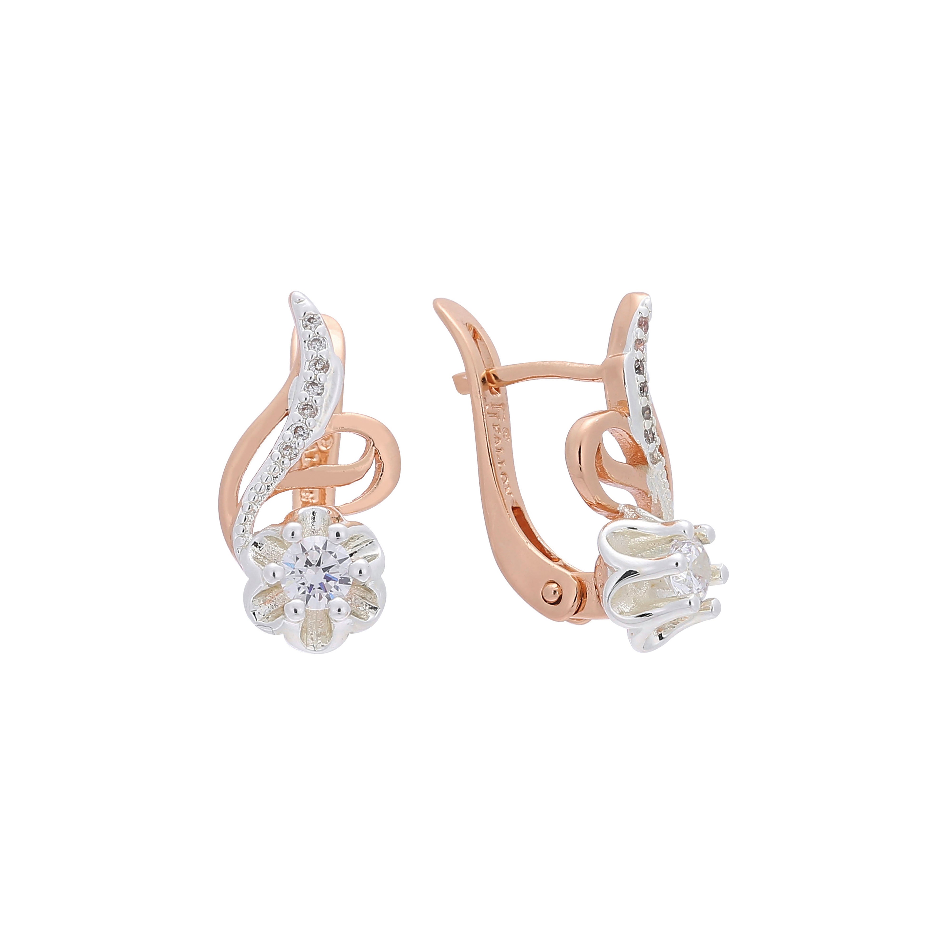 Solitaire flower stone earrings in 14K Gold, Rose Gold, two tone plating colors