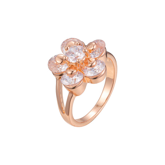 Lujosos anillos de racimo de moda de oro rosa con flor de circonita blanca