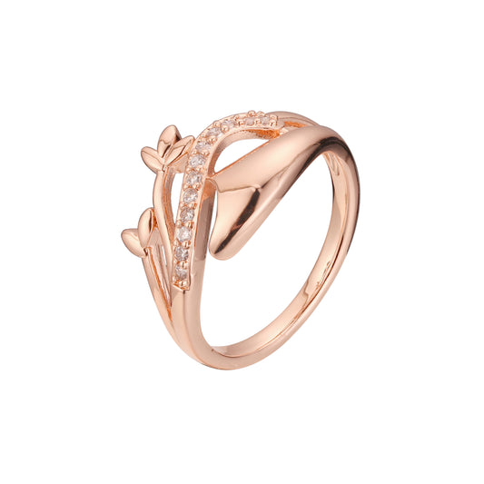 Anillos de hojas de moda en Oro 14K, colores baño de oro rosa.