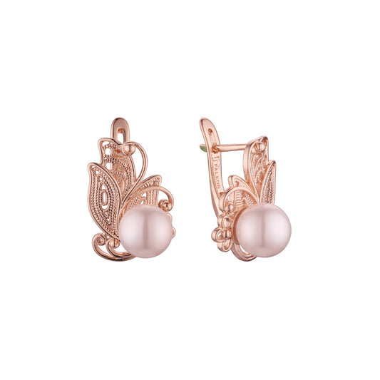 Aretes mariposa perla en Oro 14K, baño de Oro Rosa colores