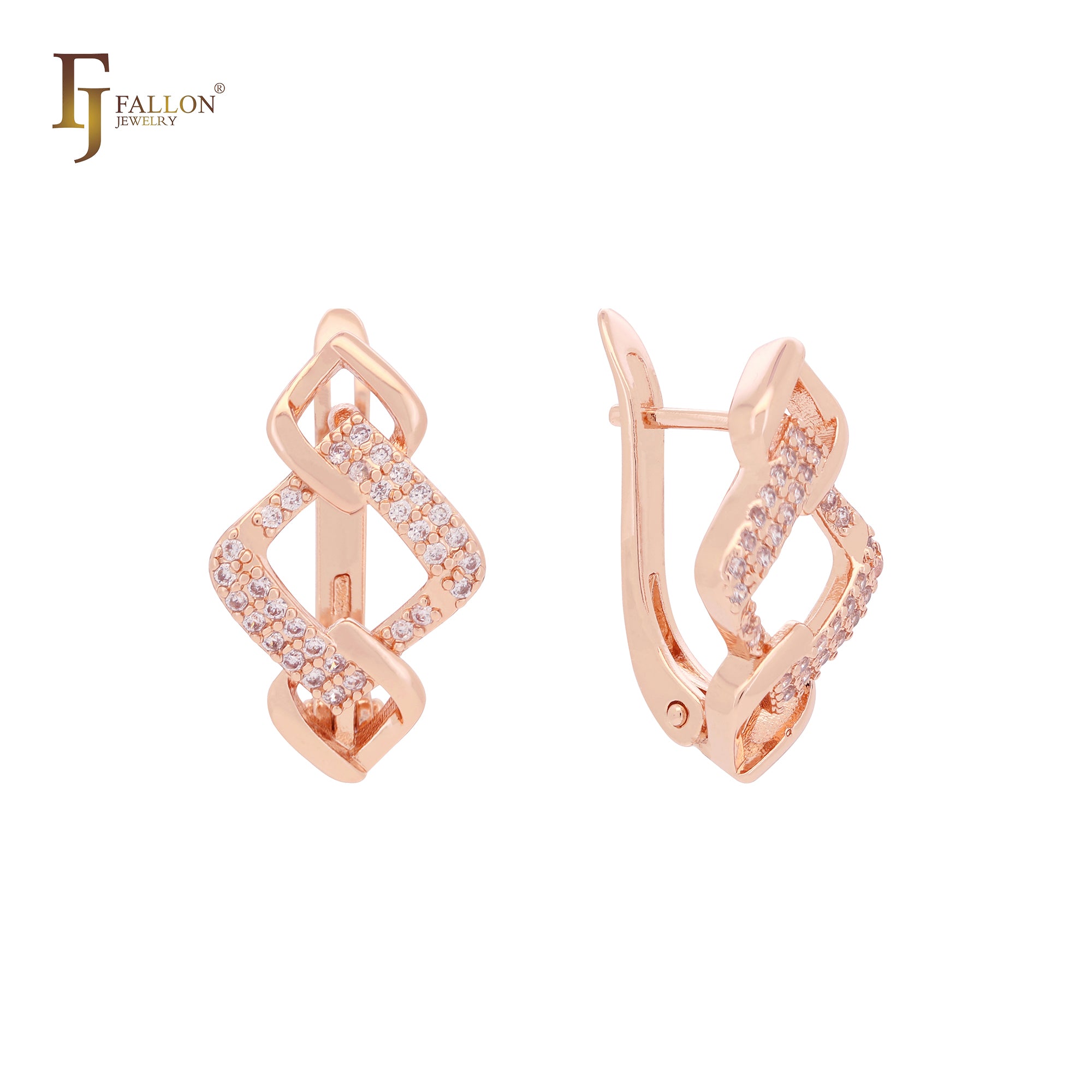 Chain linking design cluster white CZs Rose Gold earrings